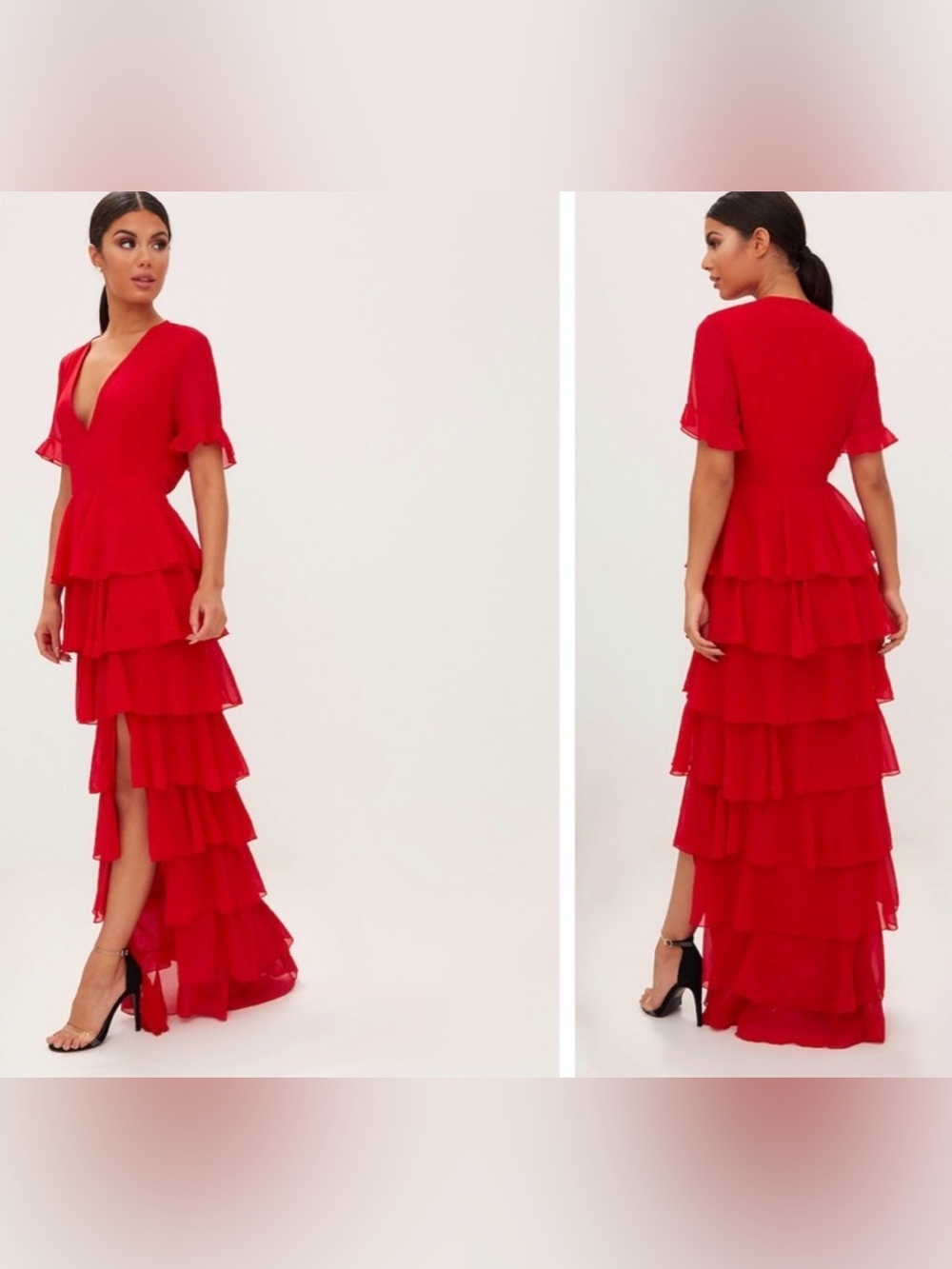 PrettyLittleThing Red Chiffon Ruffle Layer Maxi Dress Size 4 - Picture 1 of 11